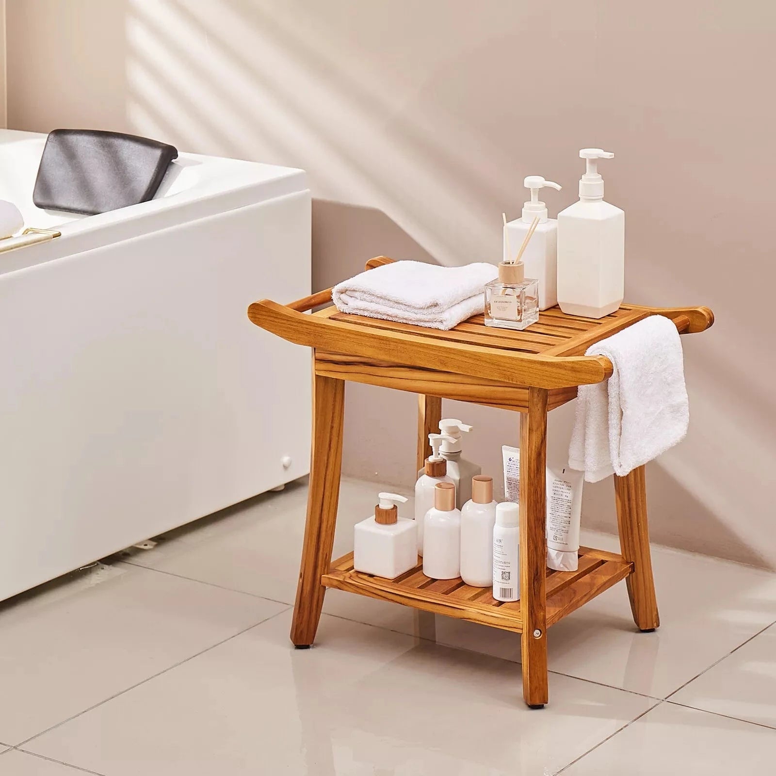 Ergonomic Wooden Teak Corner Shower Bath Chair Seat - Merchandise Plug