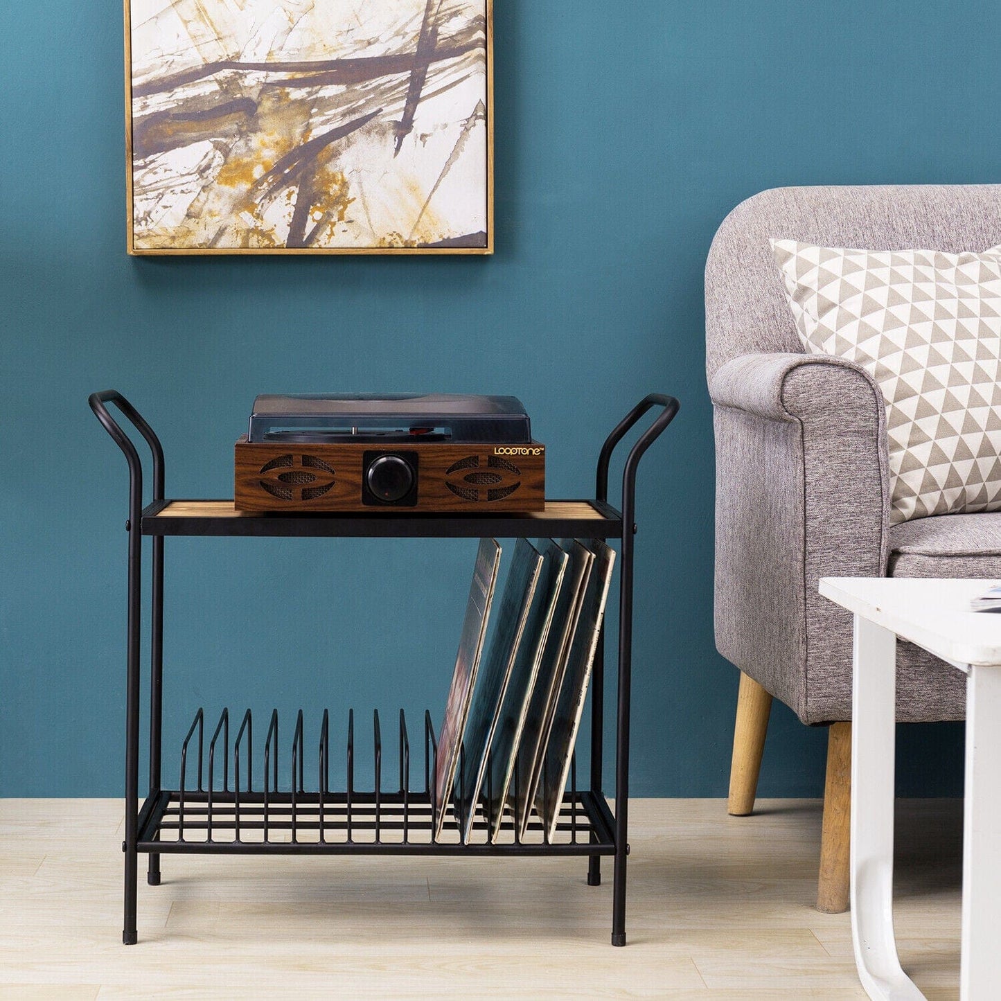 Freestanding Rustic Vinyl Record Player Turntable Storage Rack Stand - Merchandise Plug